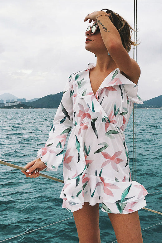 Floral Print Falbala V Neck Short Dress