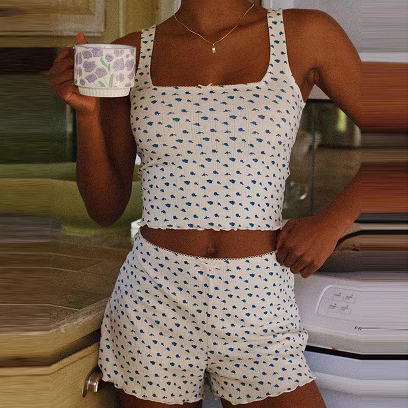 Floral Print Bow Trim Sleeveless Crop Tops Shorts Two Pieces Set