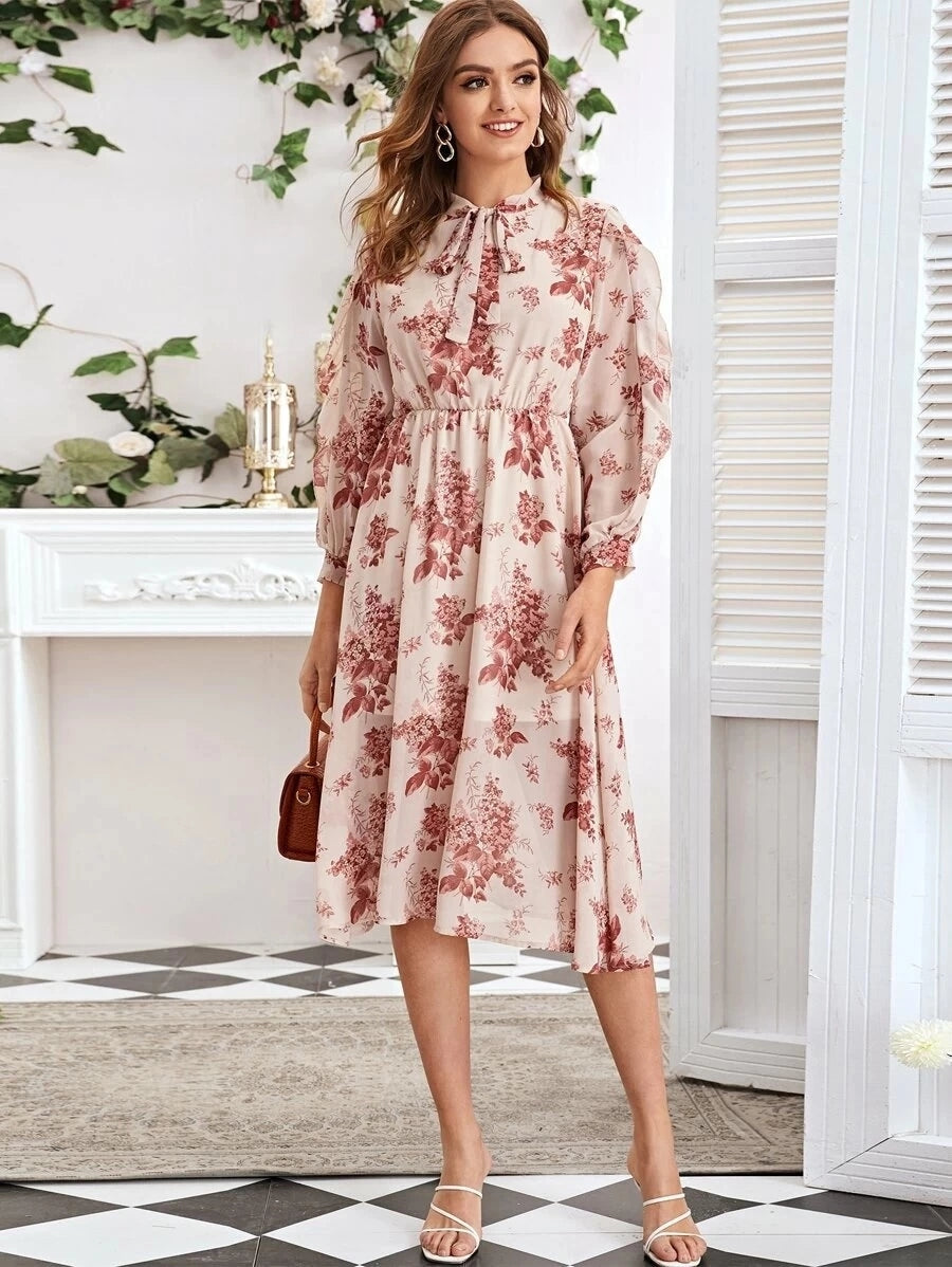 Floral Print Tie Neck Long Sleeve A-Line Midi Dress