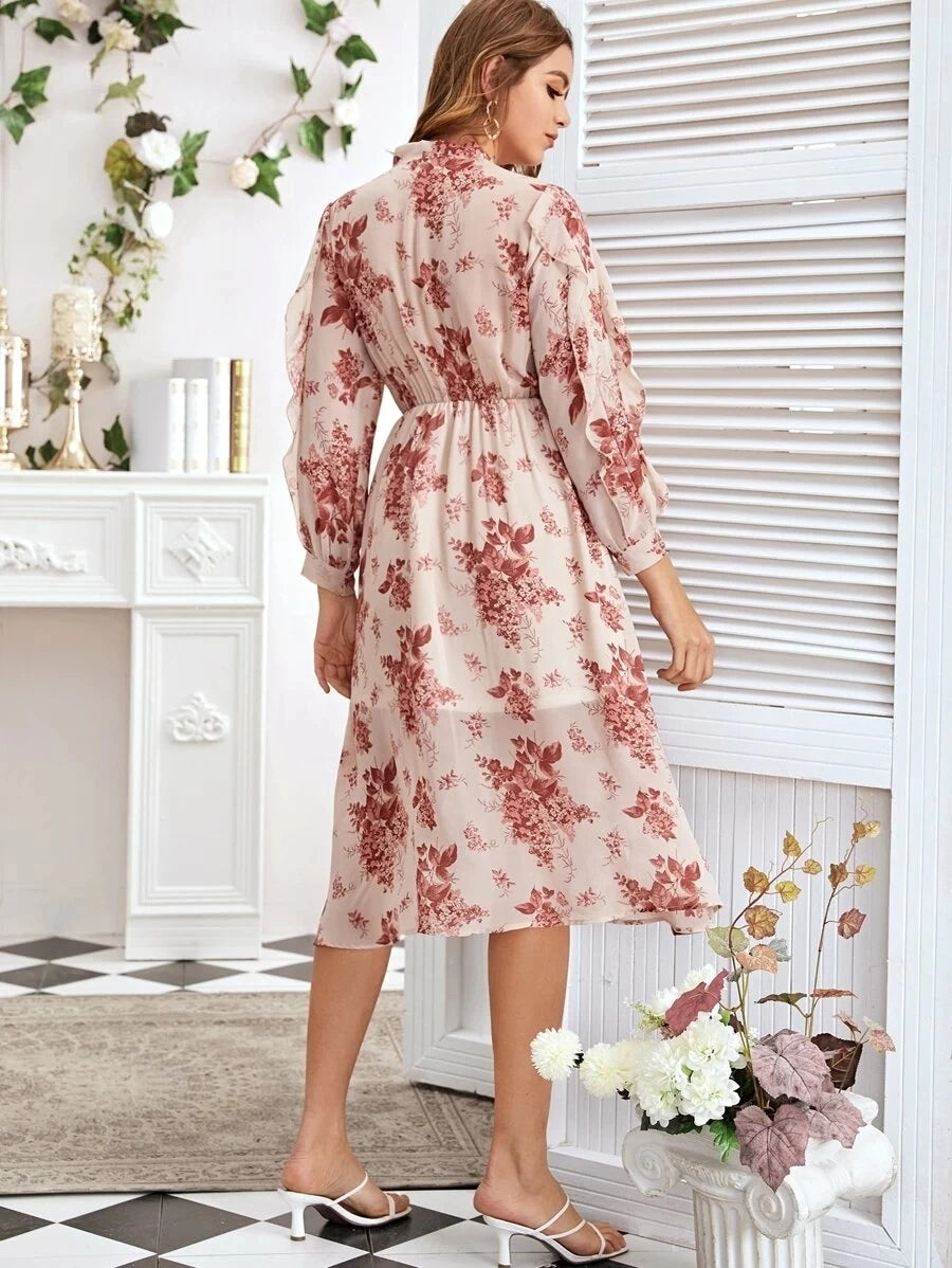 Floral Print Tie Neck Long Sleeve A-Line Midi Dress