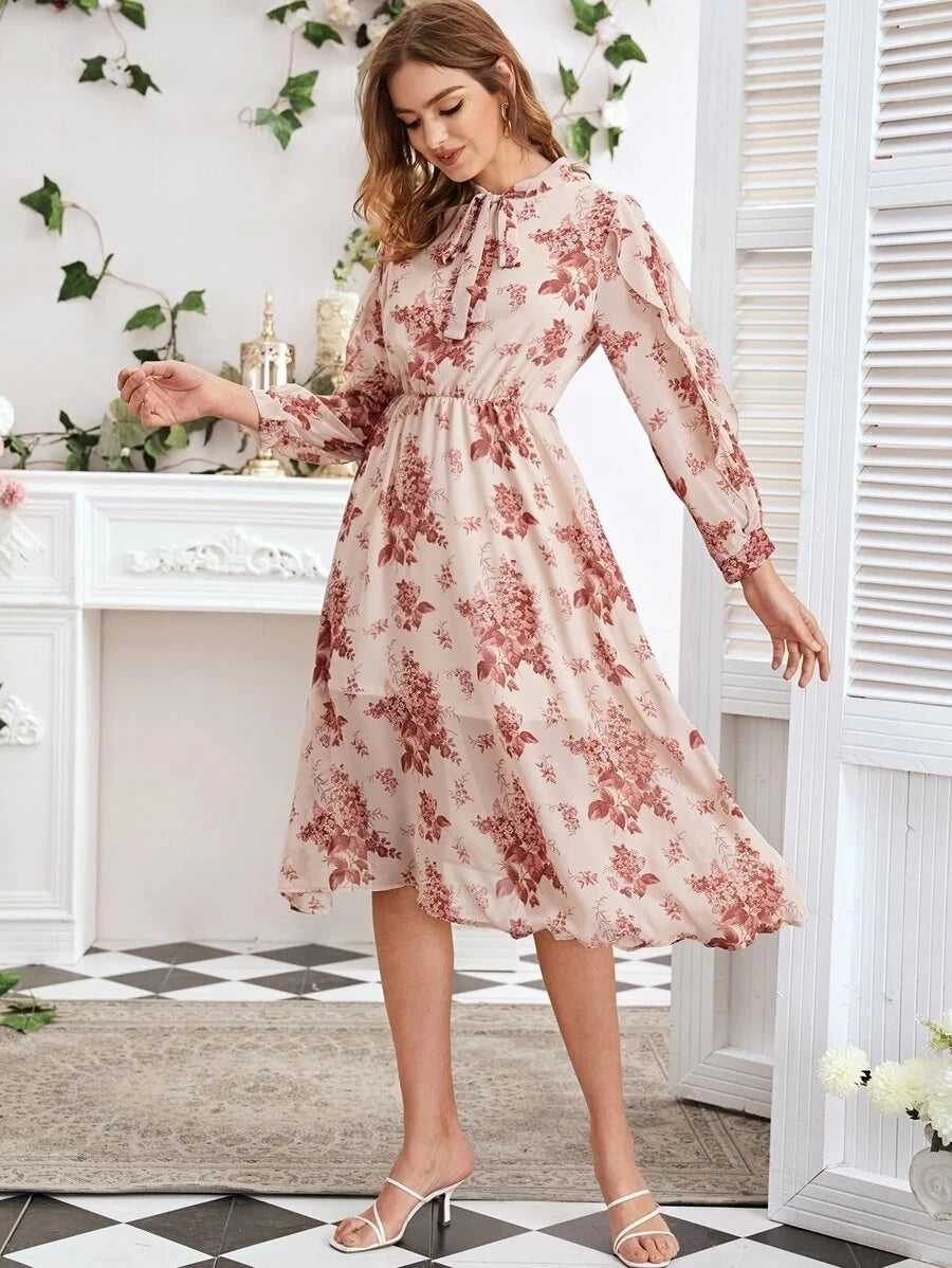 Floral Print Tie Neck Long Sleeve A-Line Midi Dress