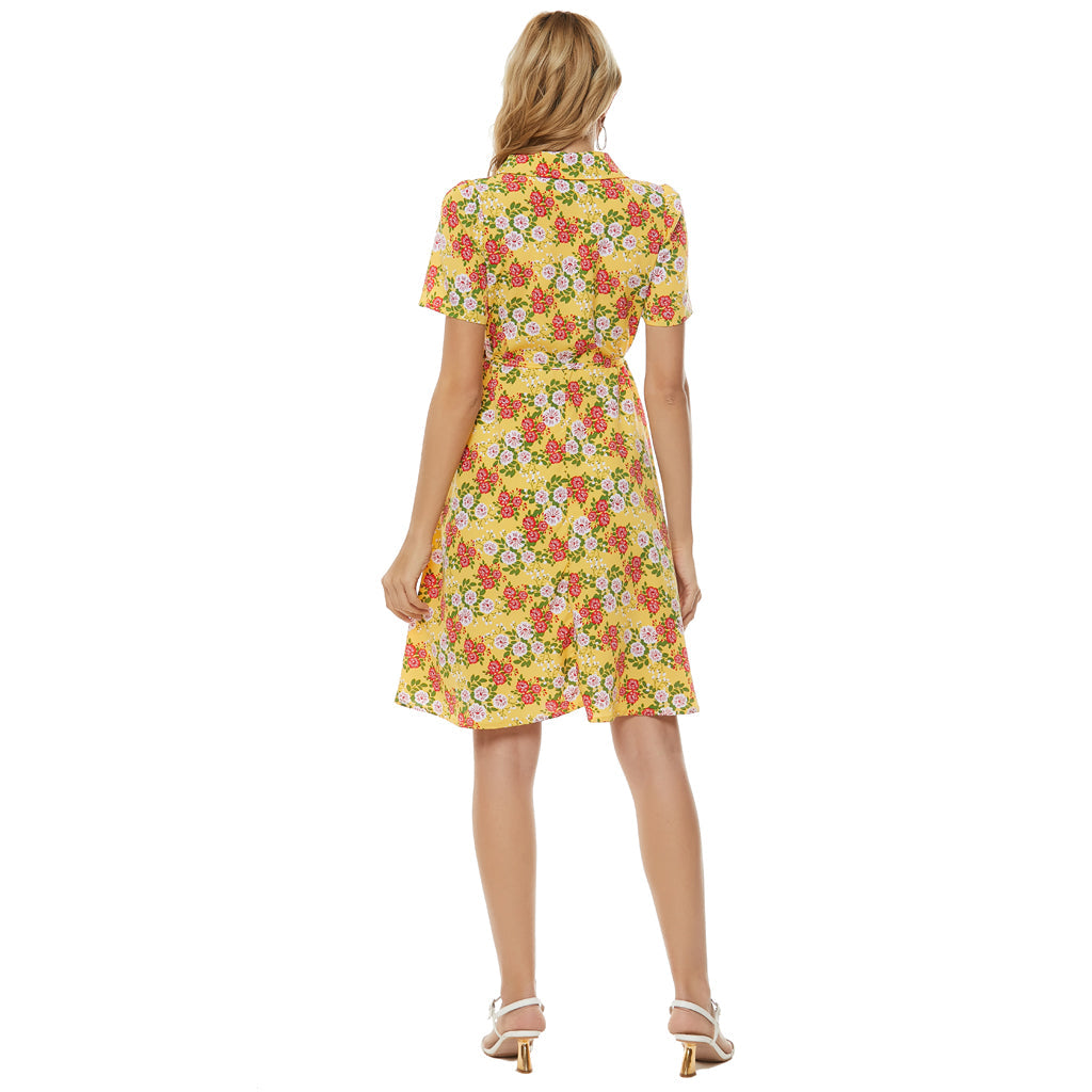Floral Print V-Neck Short Sleeve Wrap Mini Dress