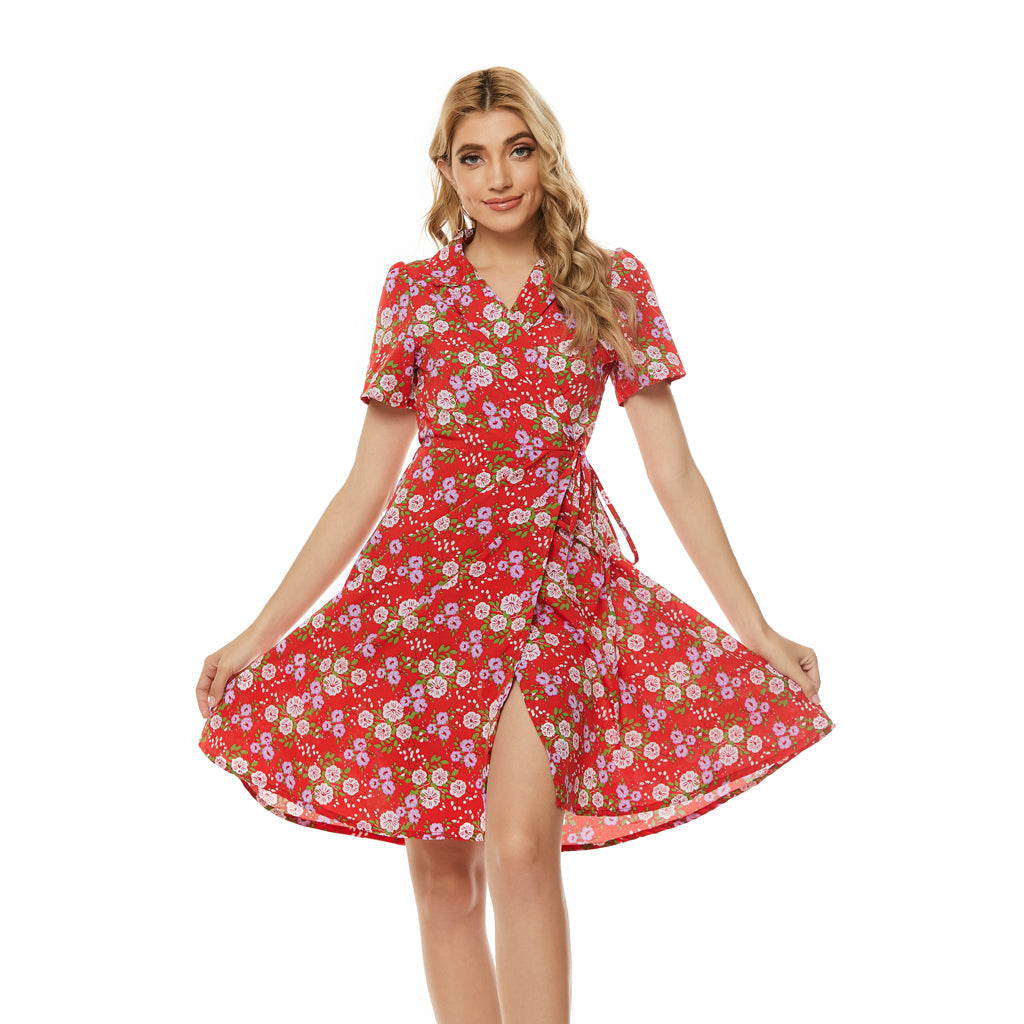 Floral Print V-Neck Short Sleeve Wrap Mini Dress