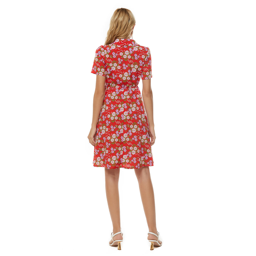 Floral Print V-Neck Short Sleeve Wrap Mini Dress