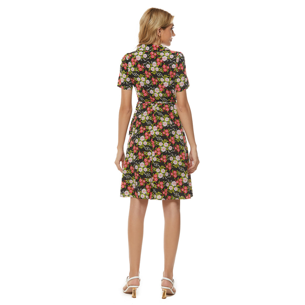 Floral Print V-Neck Short Sleeve Wrap Mini Dress