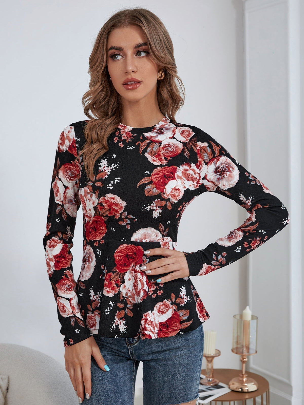 KittenAlarm - Floral Print Peplum Top