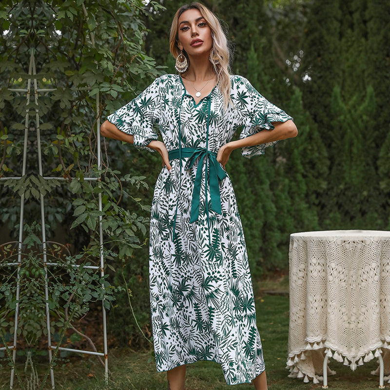 KittenAlarm - Floral Print Ruffle Hem Sleeve Belted Dress