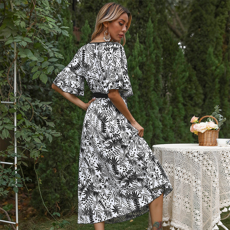 KittenAlarm - Floral Print Ruffle Hem Sleeve Belted Dress