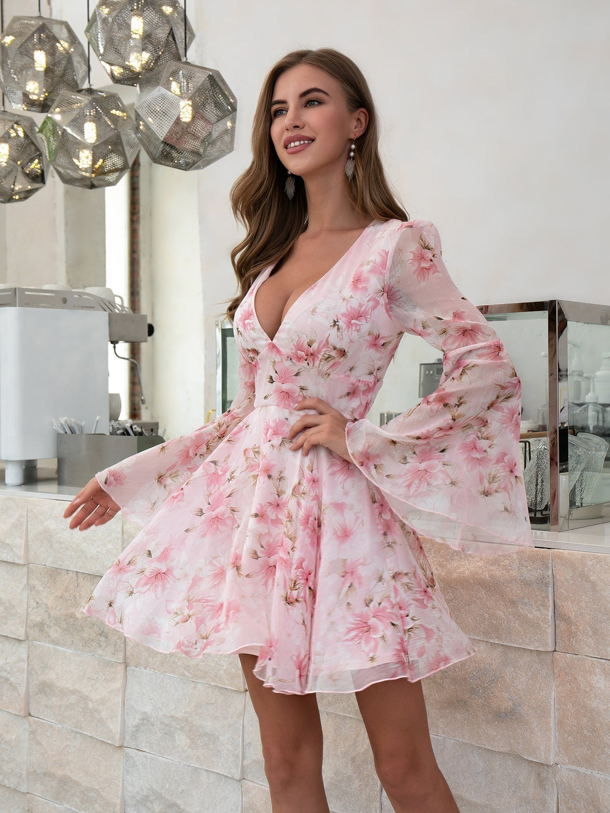 KittenAlarm - Floral Print Sheer Flare Dress