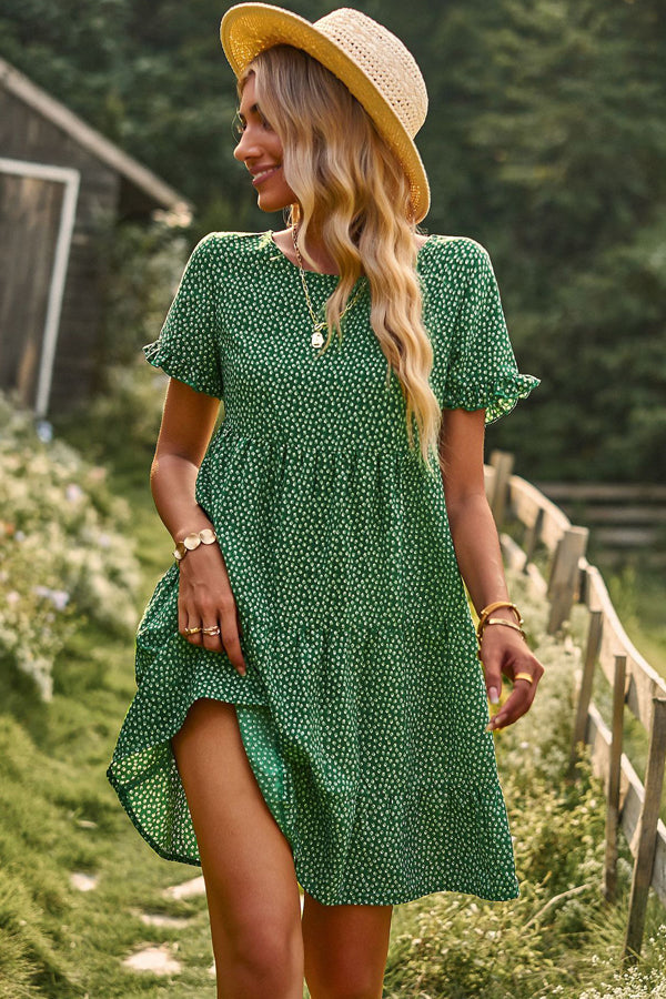 Floral Print Short Sleeve Mini Dress - Fashionpara