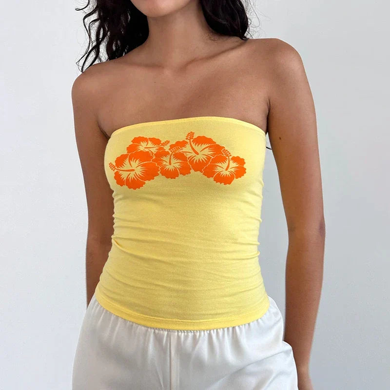 Floral Strapless Bandeau Backless Sleeveless Fairy Coquette Off Shoulder Crop Top