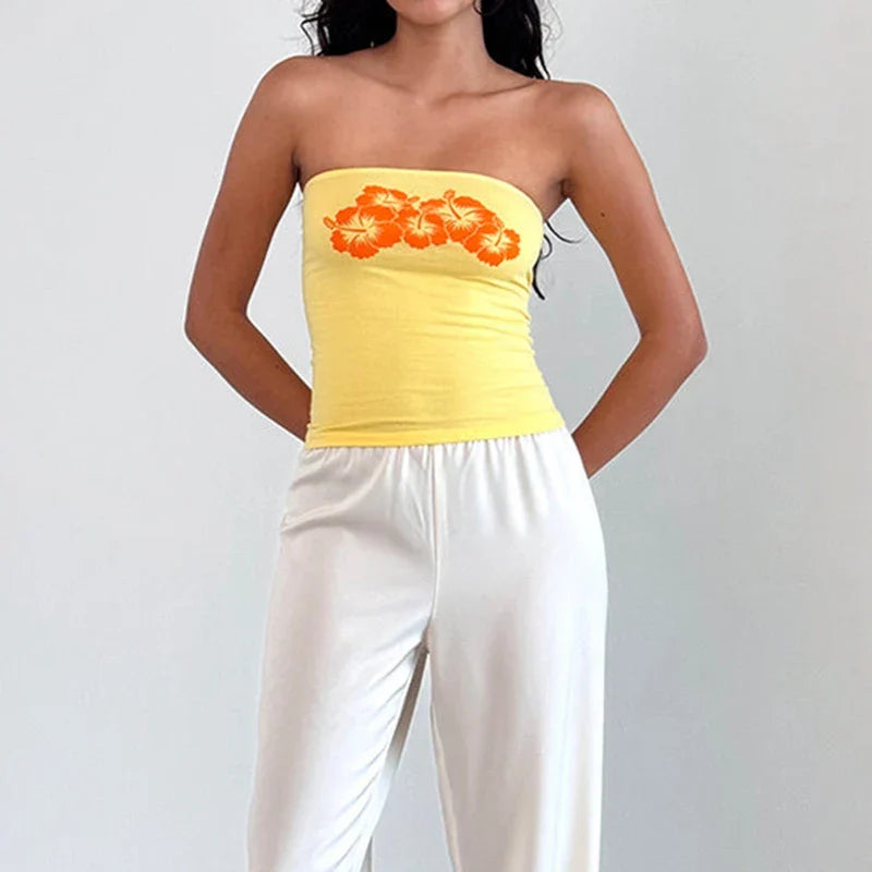 Floral Strapless Bandeau Backless Sleeveless Fairy Coquette Off Shoulder Crop Top