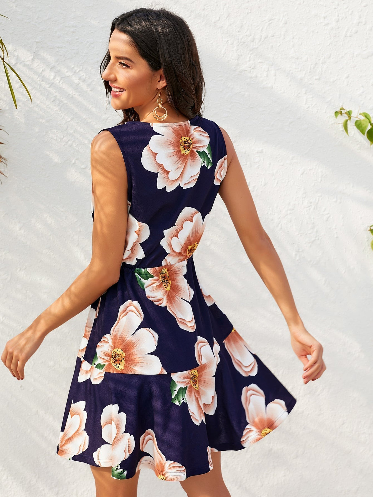 Floral Print V-Neck Sleeveless Tiered Mini Dress