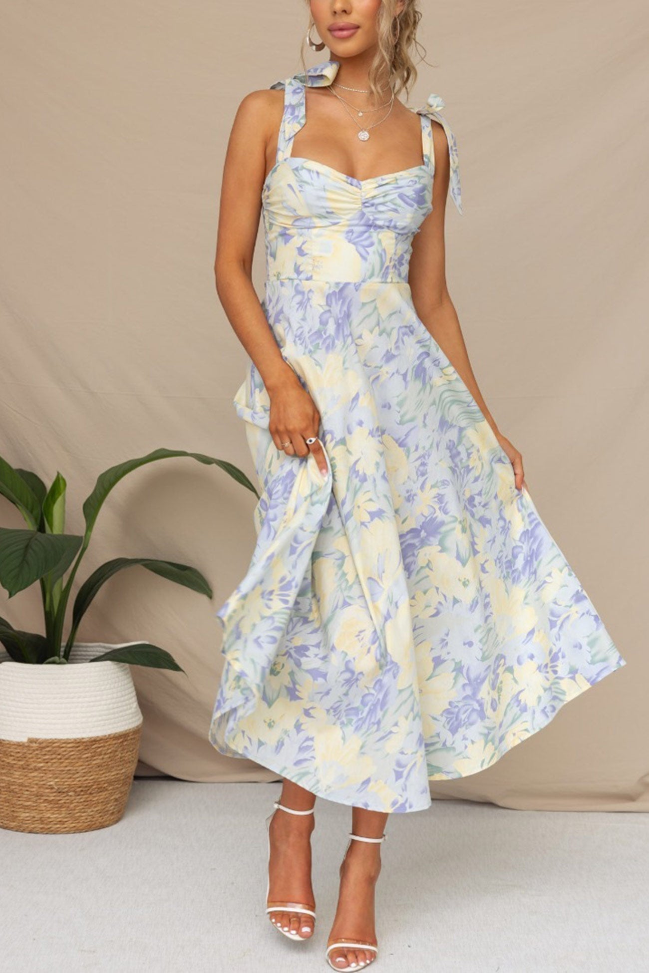 Floral Print Tie-straps Waisted Midi Dress