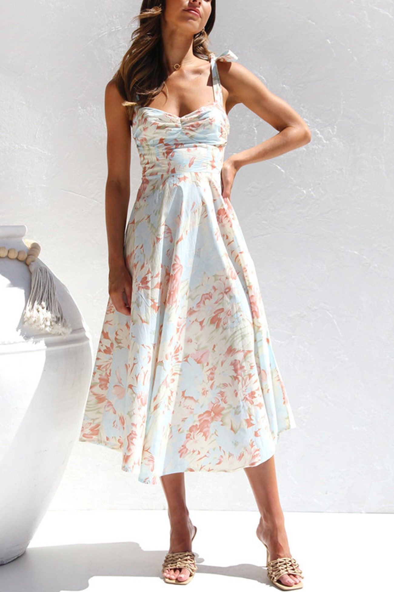 Floral Print Tie-straps Waisted Midi Dress