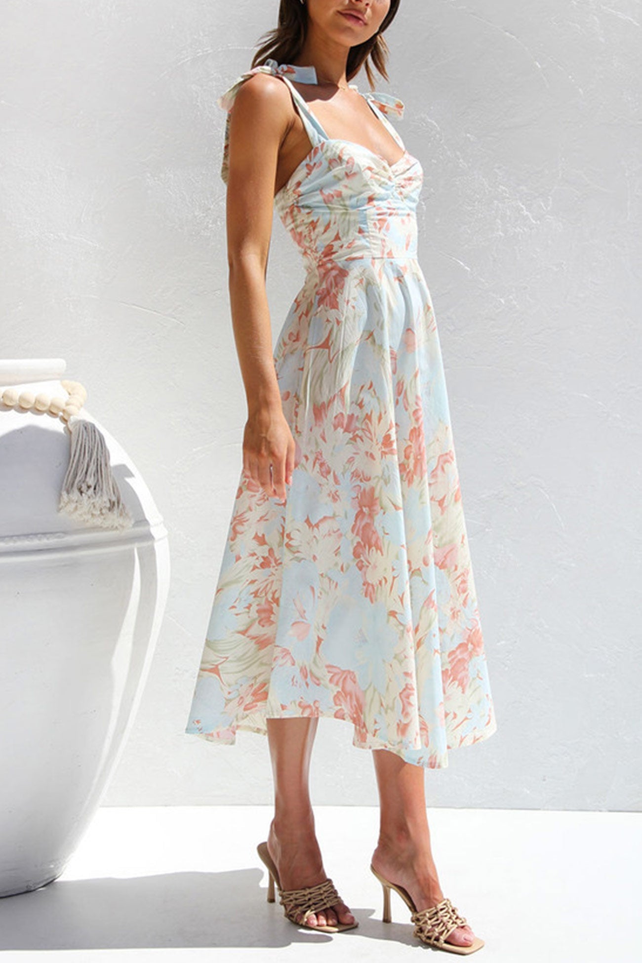 Floral Print Tie-straps Waisted Midi Dress