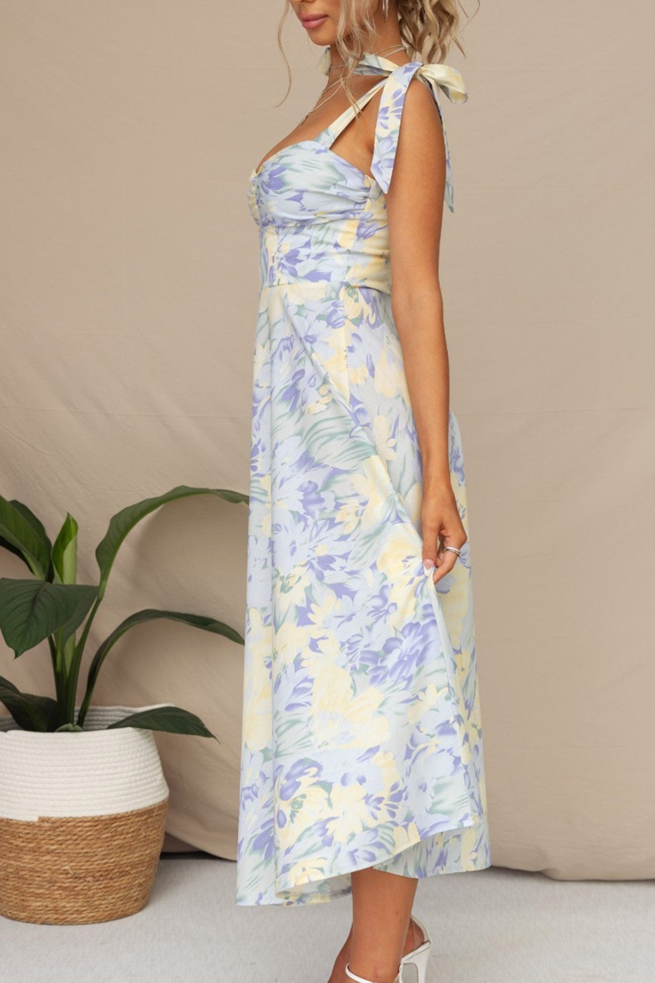 Floral Print Tie-straps Waisted Midi Dress
