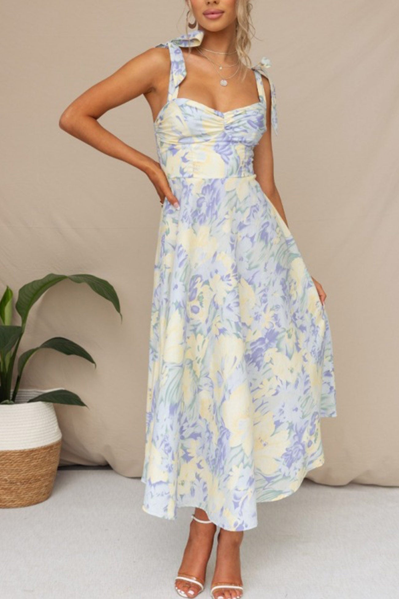 Floral Print Tie-straps Waisted Midi Dress