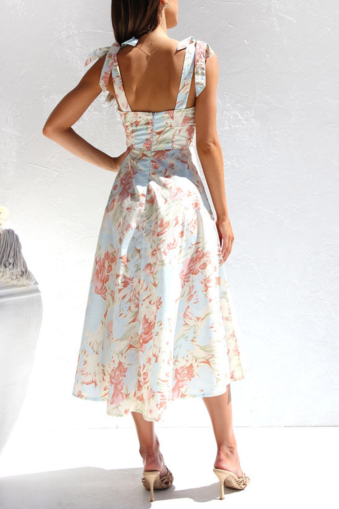 Floral Print Tie-straps Waisted Midi Dress
