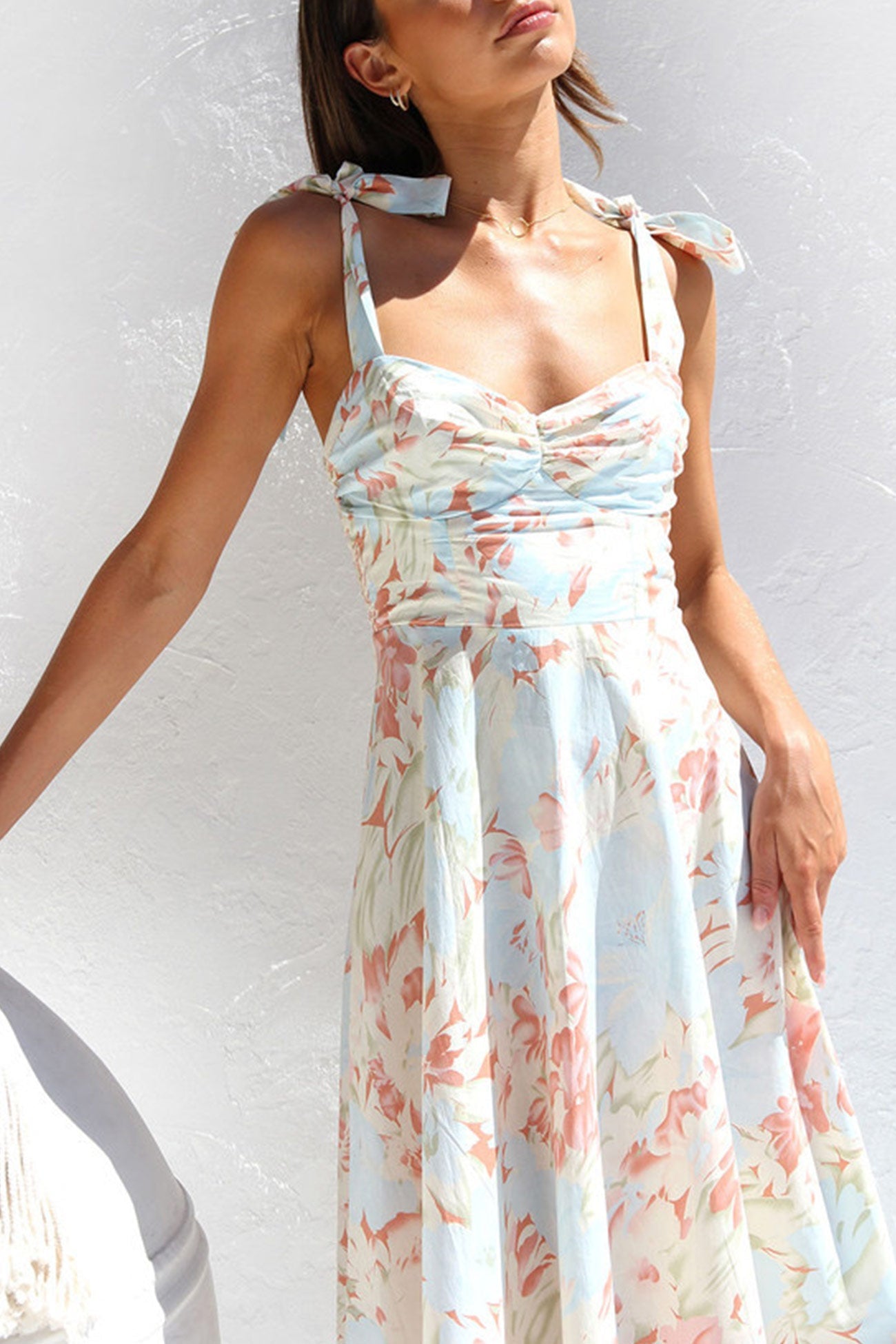 Floral Print Tie-straps Waisted Midi Dress