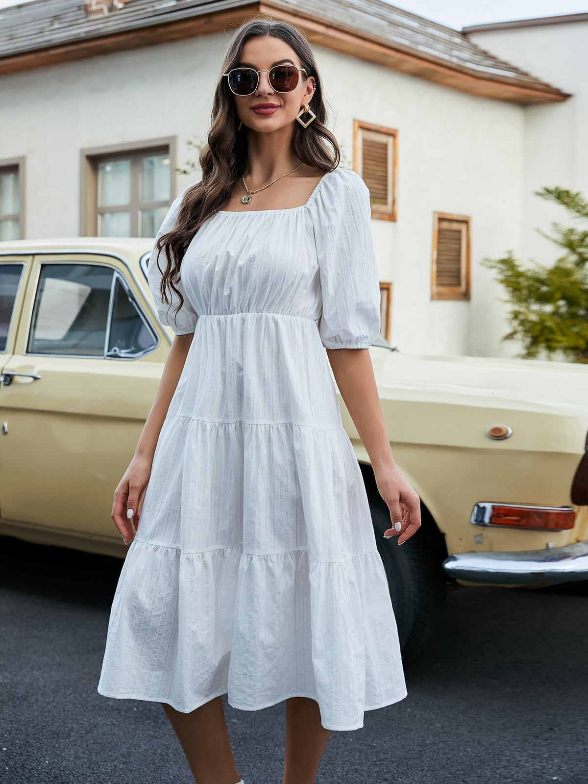 Square Neck Puff Sleeve Tiered A-Line Midi Dress