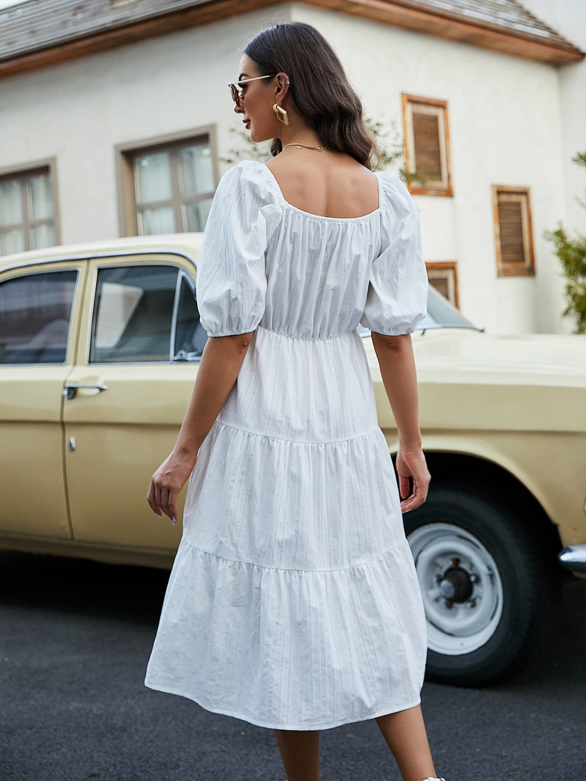 Square Neck Puff Sleeve Tiered A-Line Midi Dress