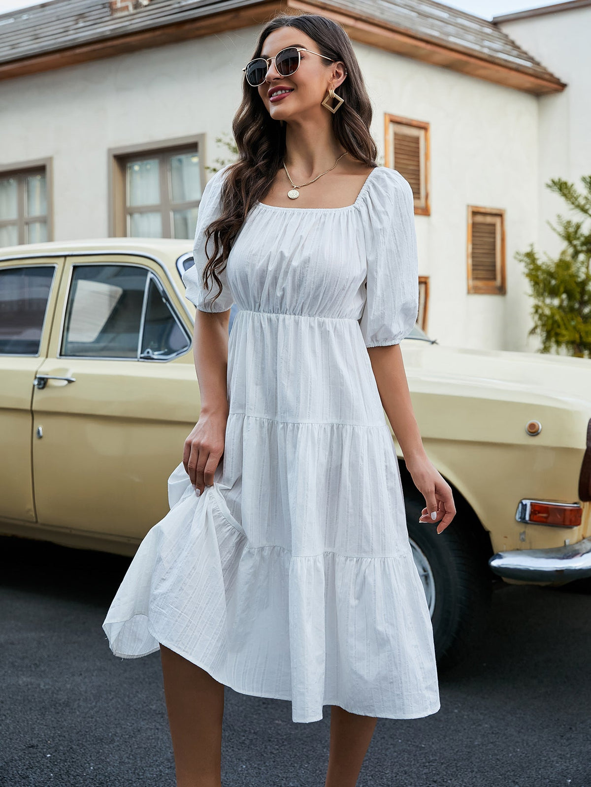 Square Neck Puff Sleeve Tiered A-Line Midi Dress