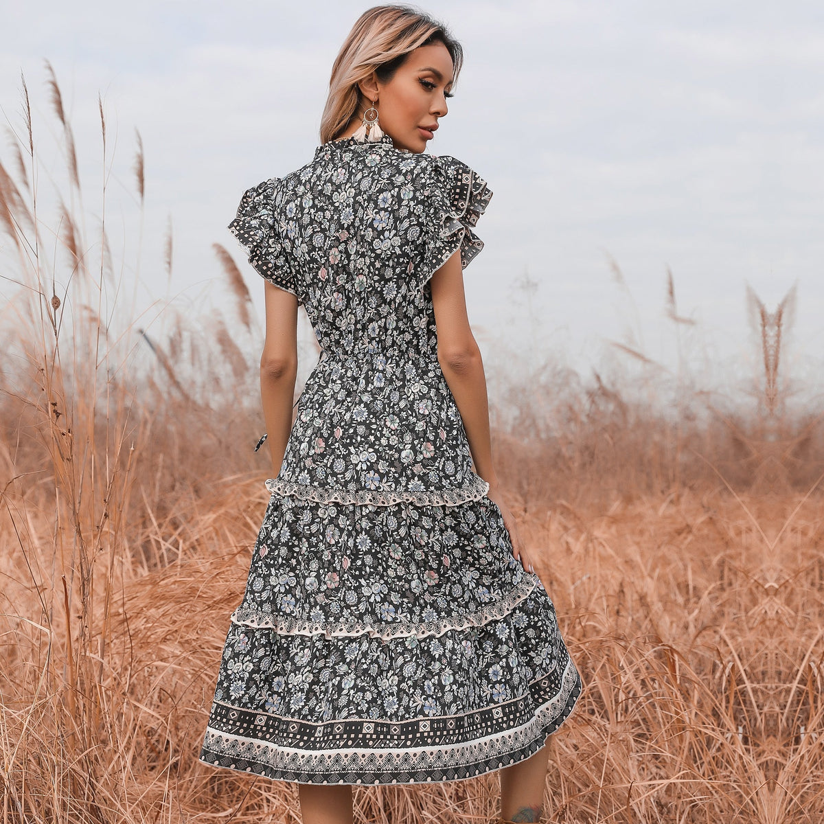 KittenAlarm - Floral V-neck Flared Sleeve Dress