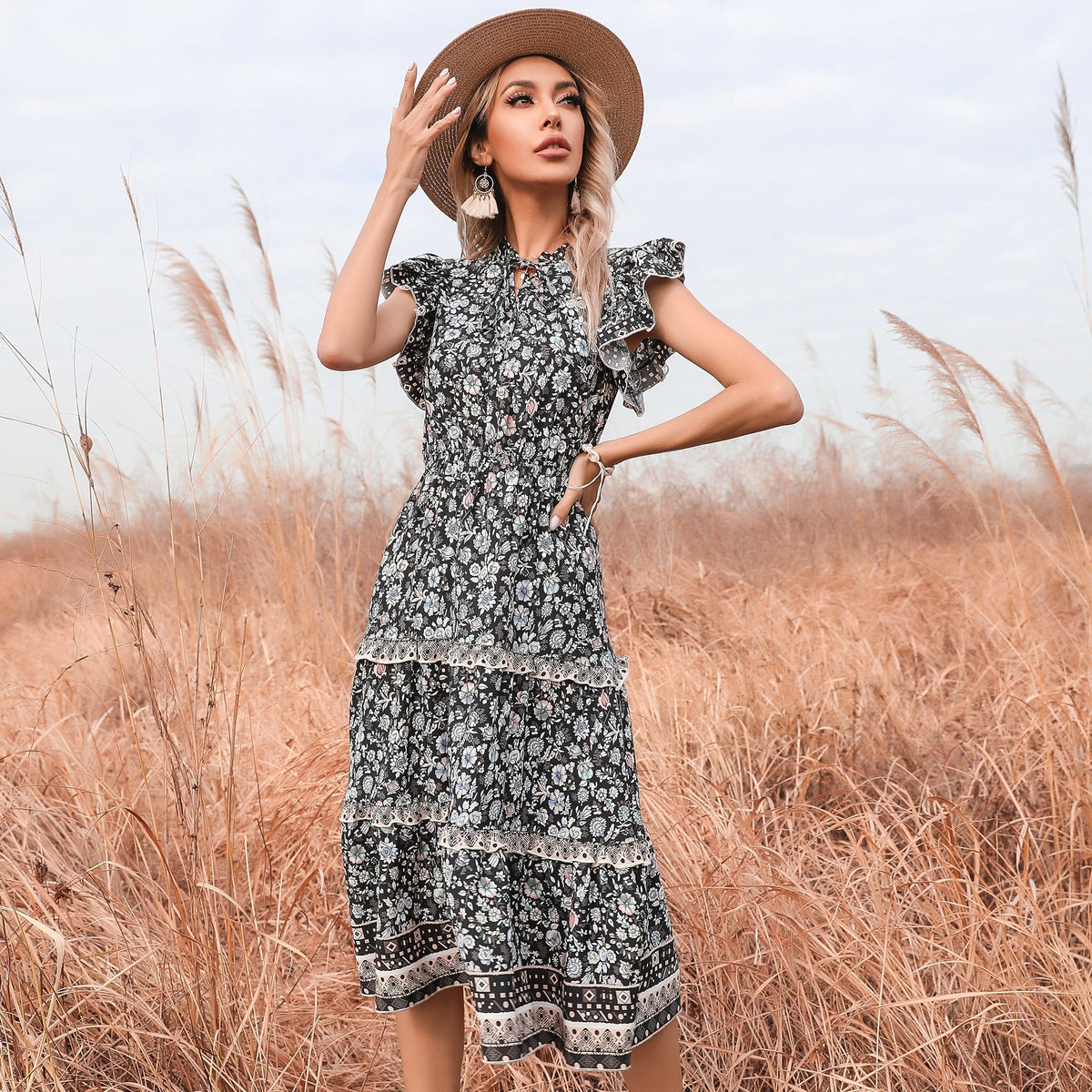 KittenAlarm - Floral V-neck Flared Sleeve Dress