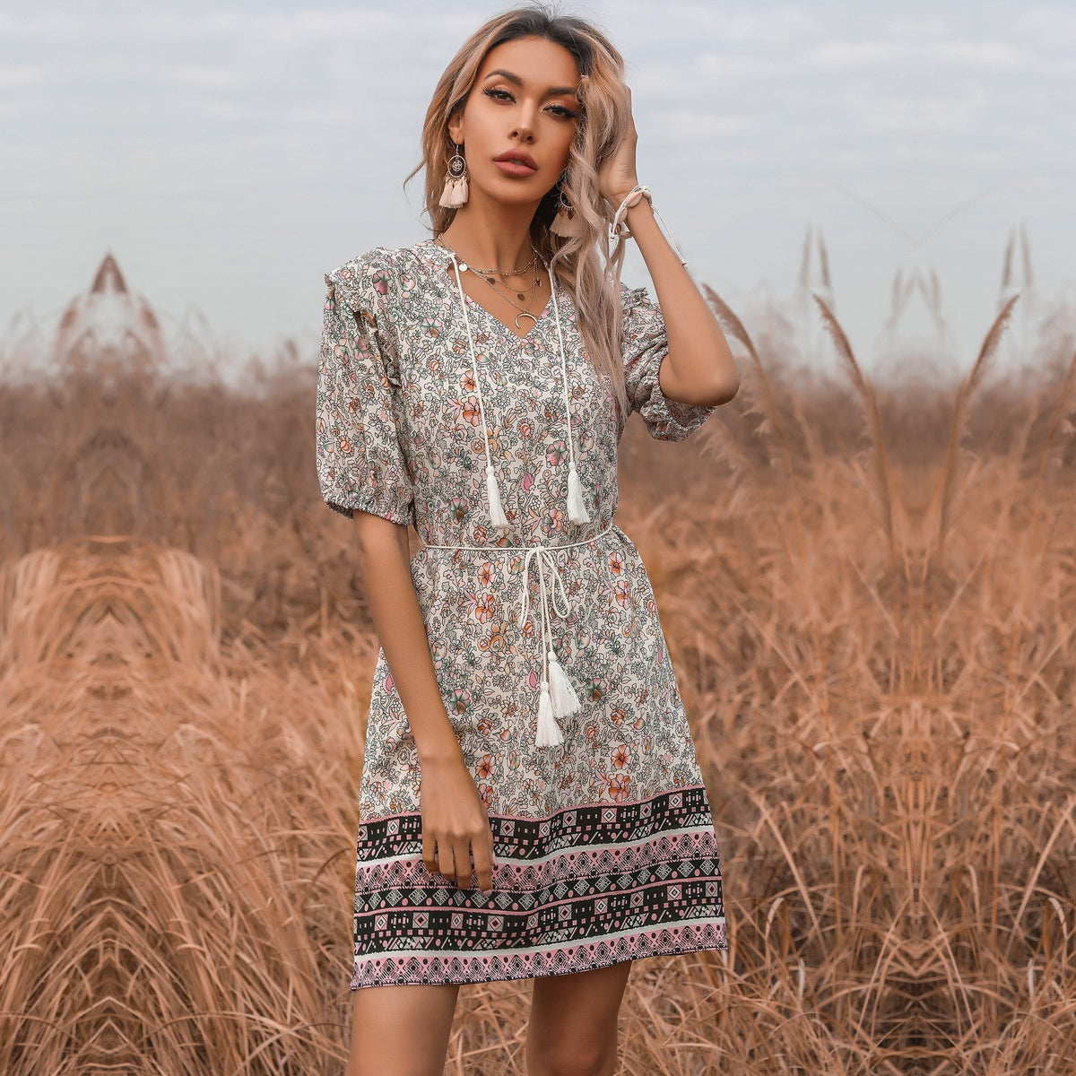 KittenAlarm - Floral V-neck Fringe Lace Skirt Dress