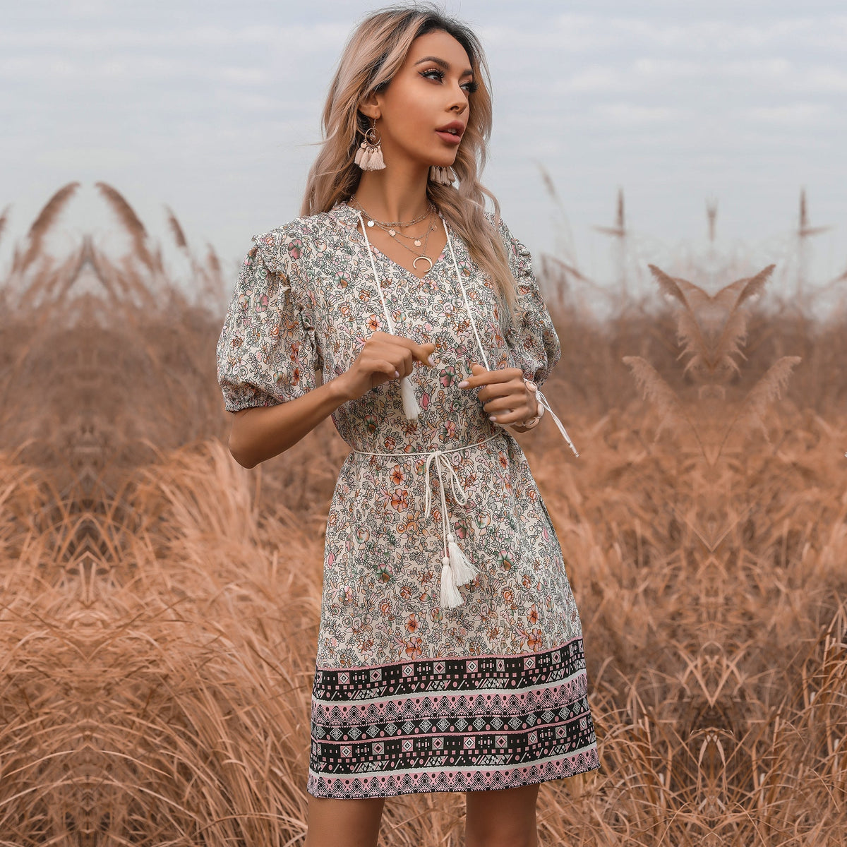 KittenAlarm - Floral V-neck Fringe Lace Skirt Dress