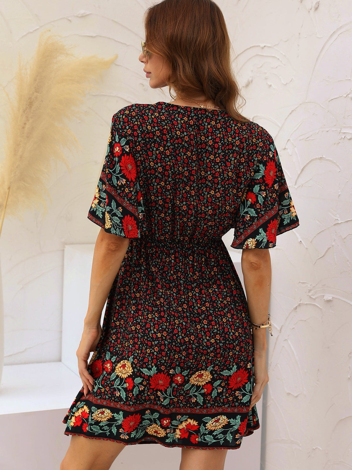 Floral Print V-Neck Flutter Sleeve Tie Front Cutout Mini Dress