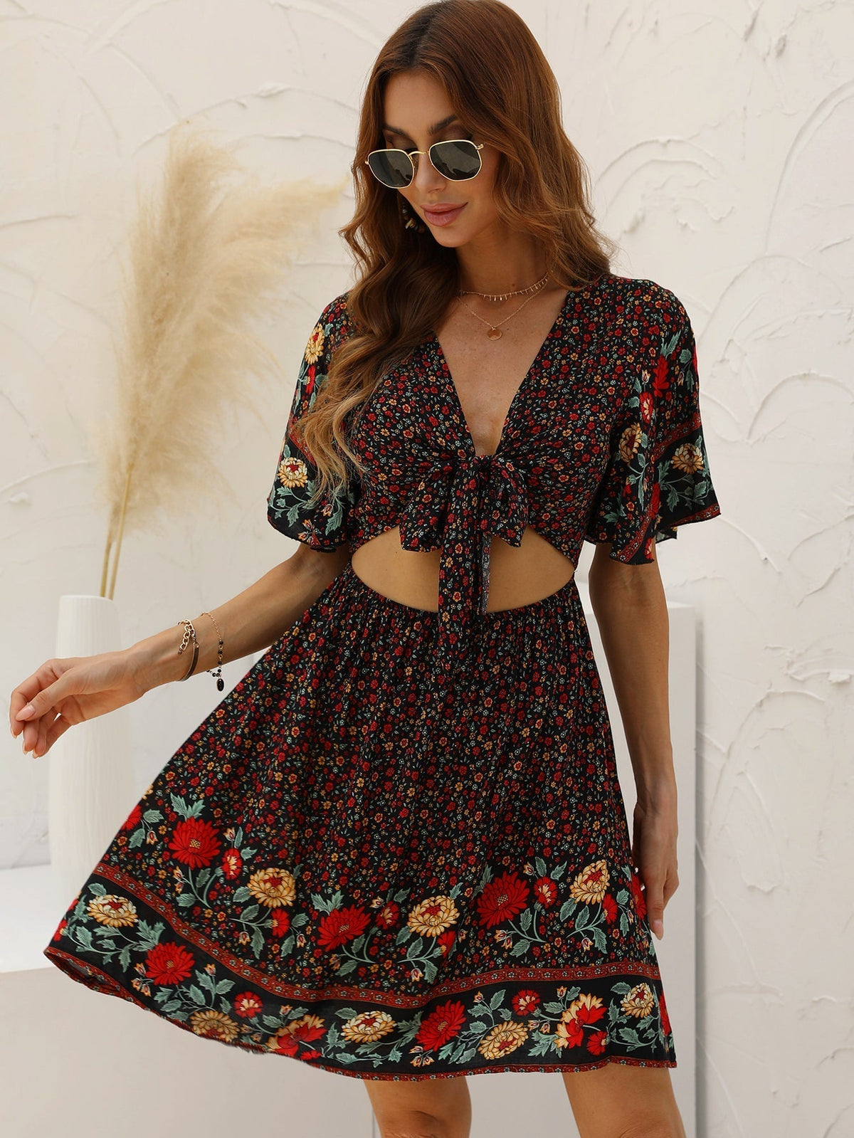 Floral Print V-Neck Flutter Sleeve Tie Front Cutout Mini Dress
