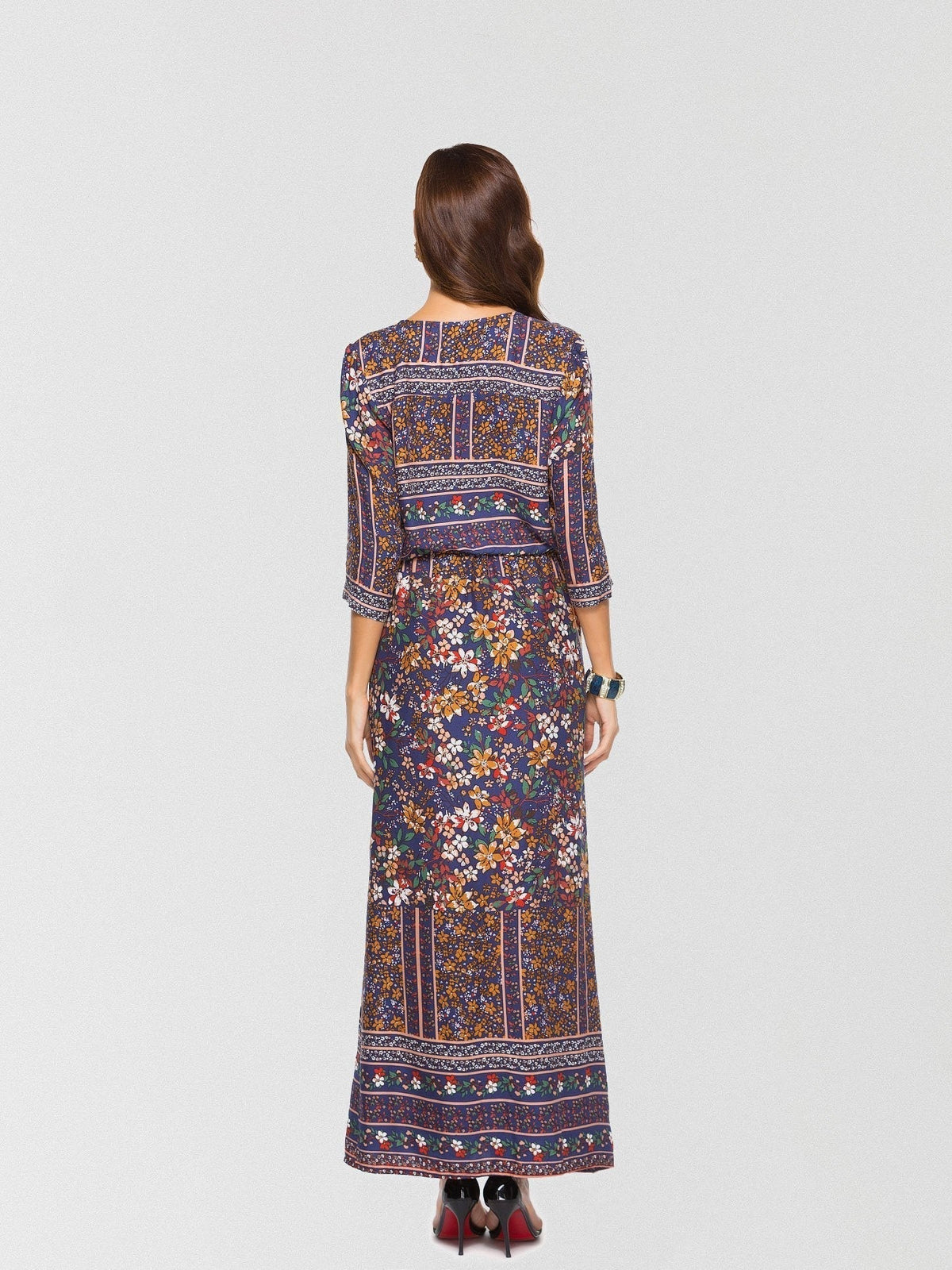 Ditsy Floral V-Neck Button-Down Drawstring Maxi Dress 3