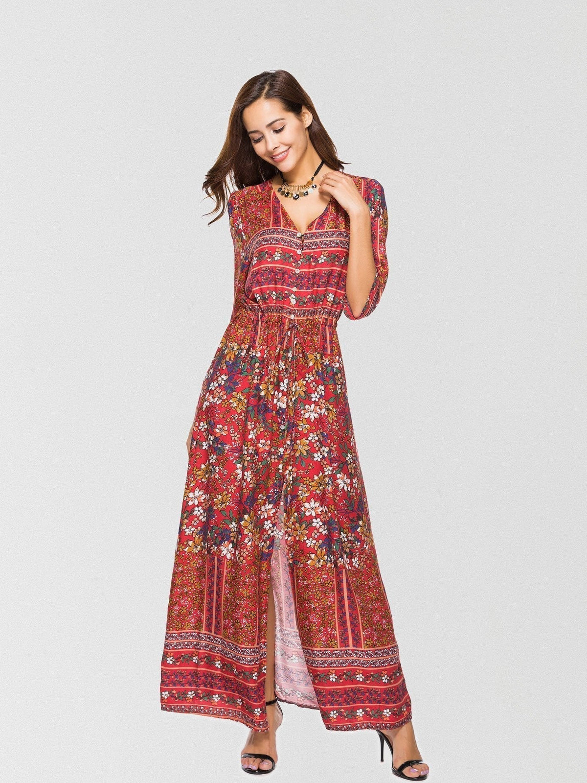 Ditsy Floral V-Neck Button-Down Drawstring Maxi Dress 4