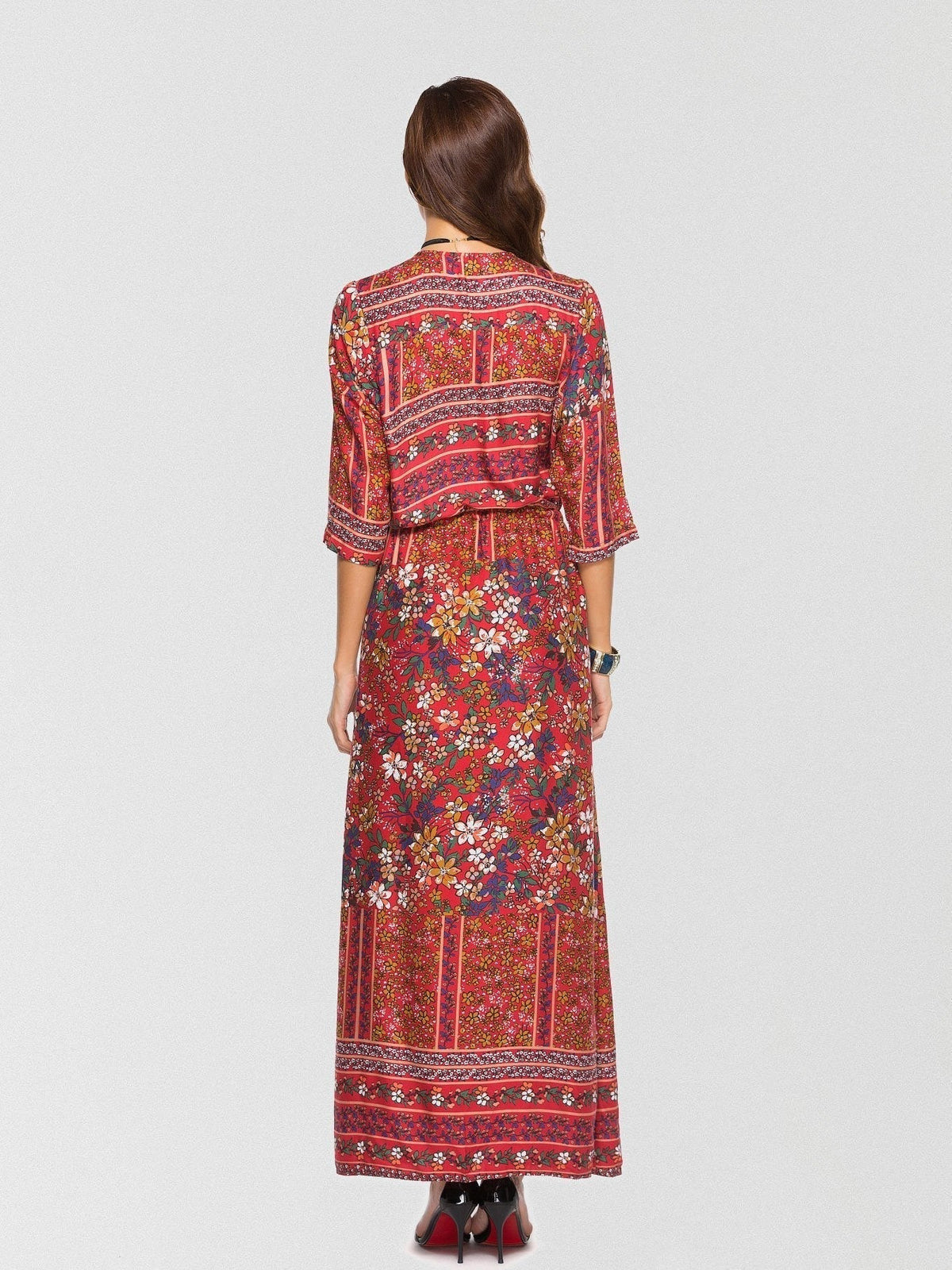 Ditsy Floral V-Neck Button-Down Drawstring Maxi Dress 5