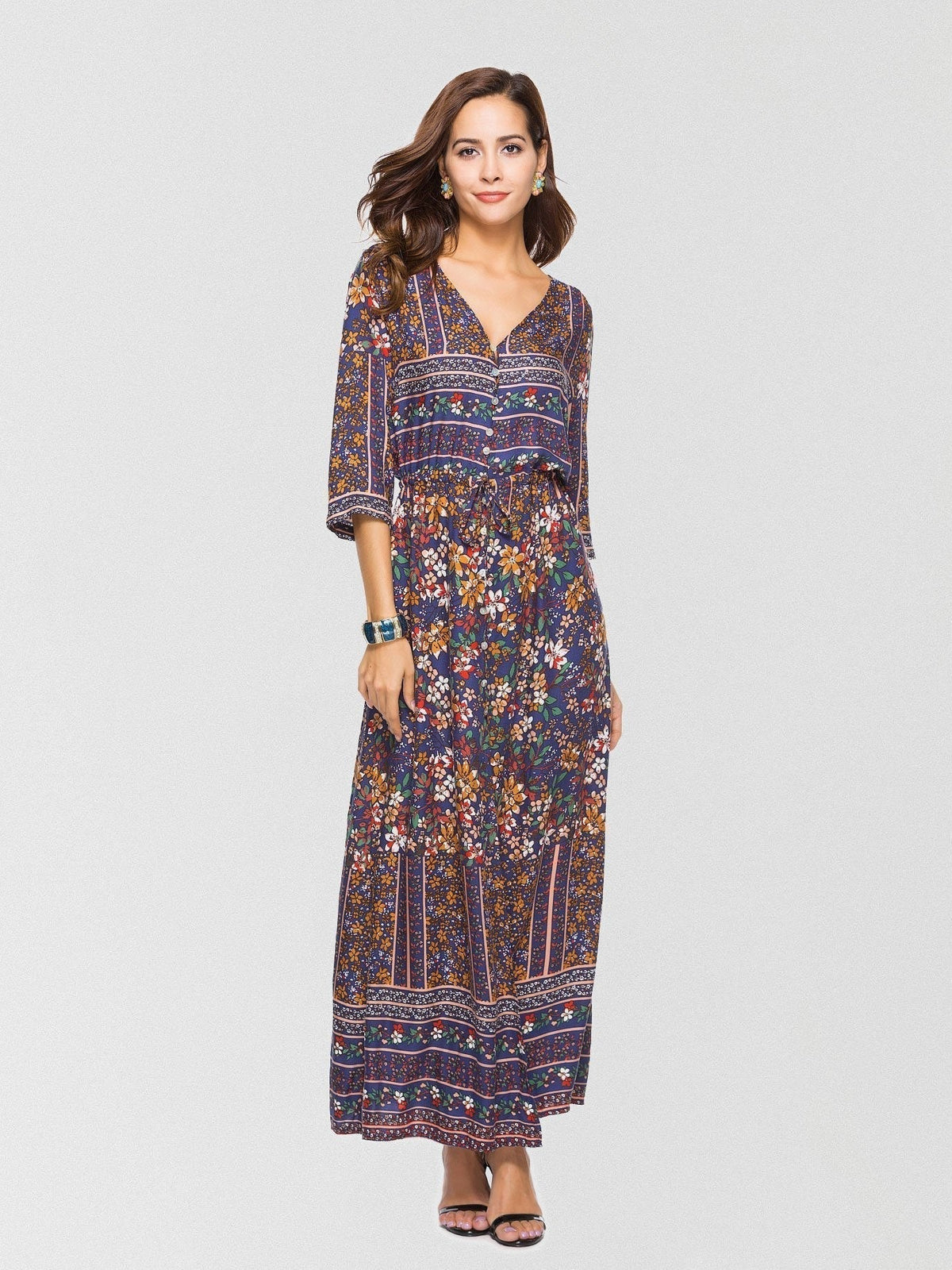 Ditsy Floral V-Neck Button-Down Drawstring Maxi Dress