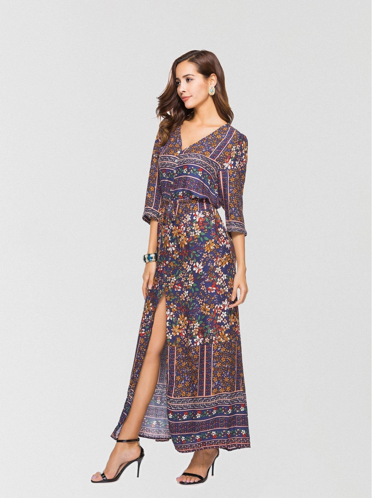 Ditsy Floral V-Neck Button-Down Drawstring Maxi Dress 2