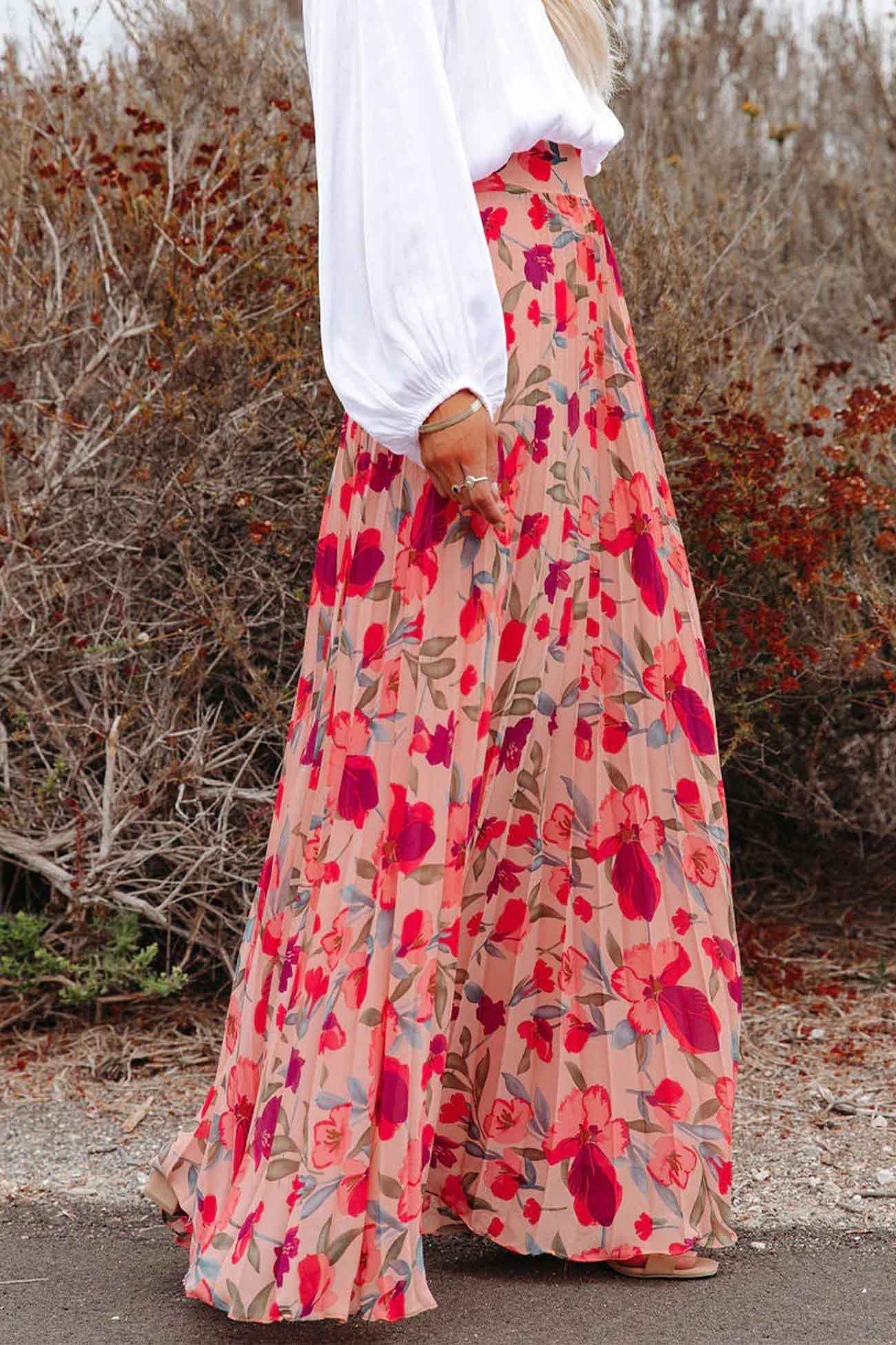 Floral Printed Elastic Waist Pleated Skirt