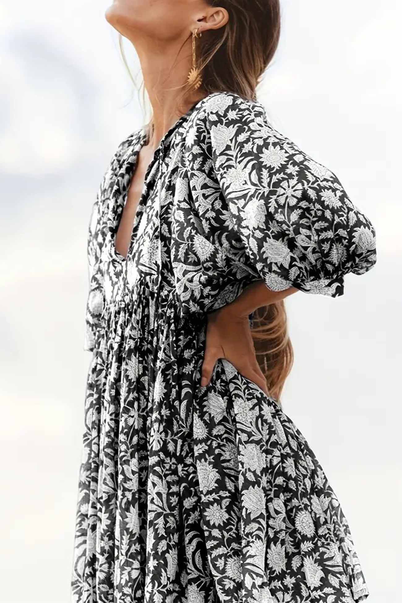 Floral Printed Lantern Sleeve V Neck Midi Dress