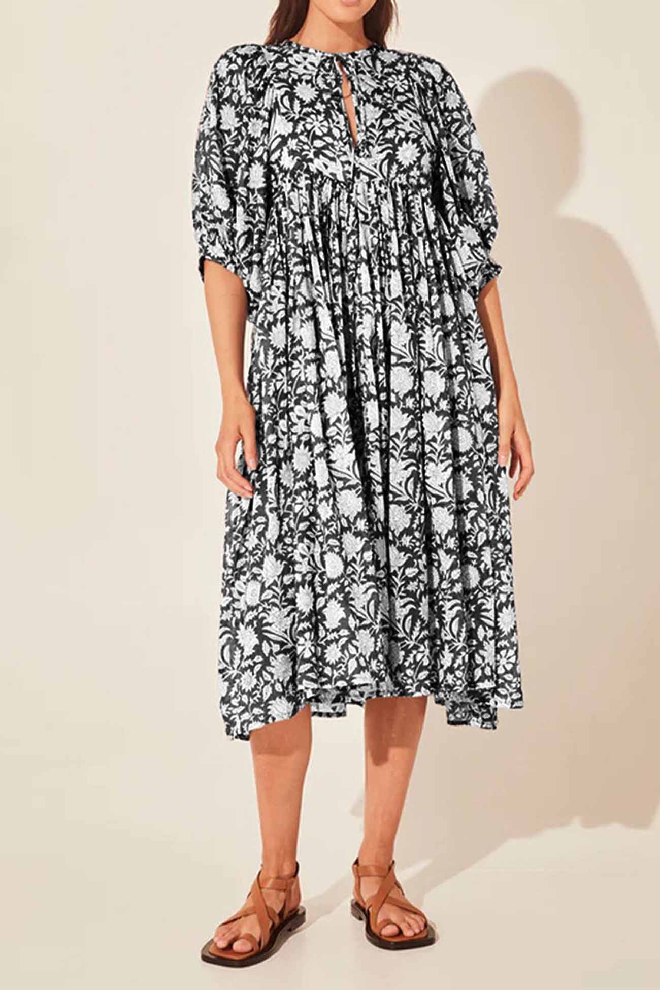 Floral Printed Lantern Sleeve V Neck Midi Dress