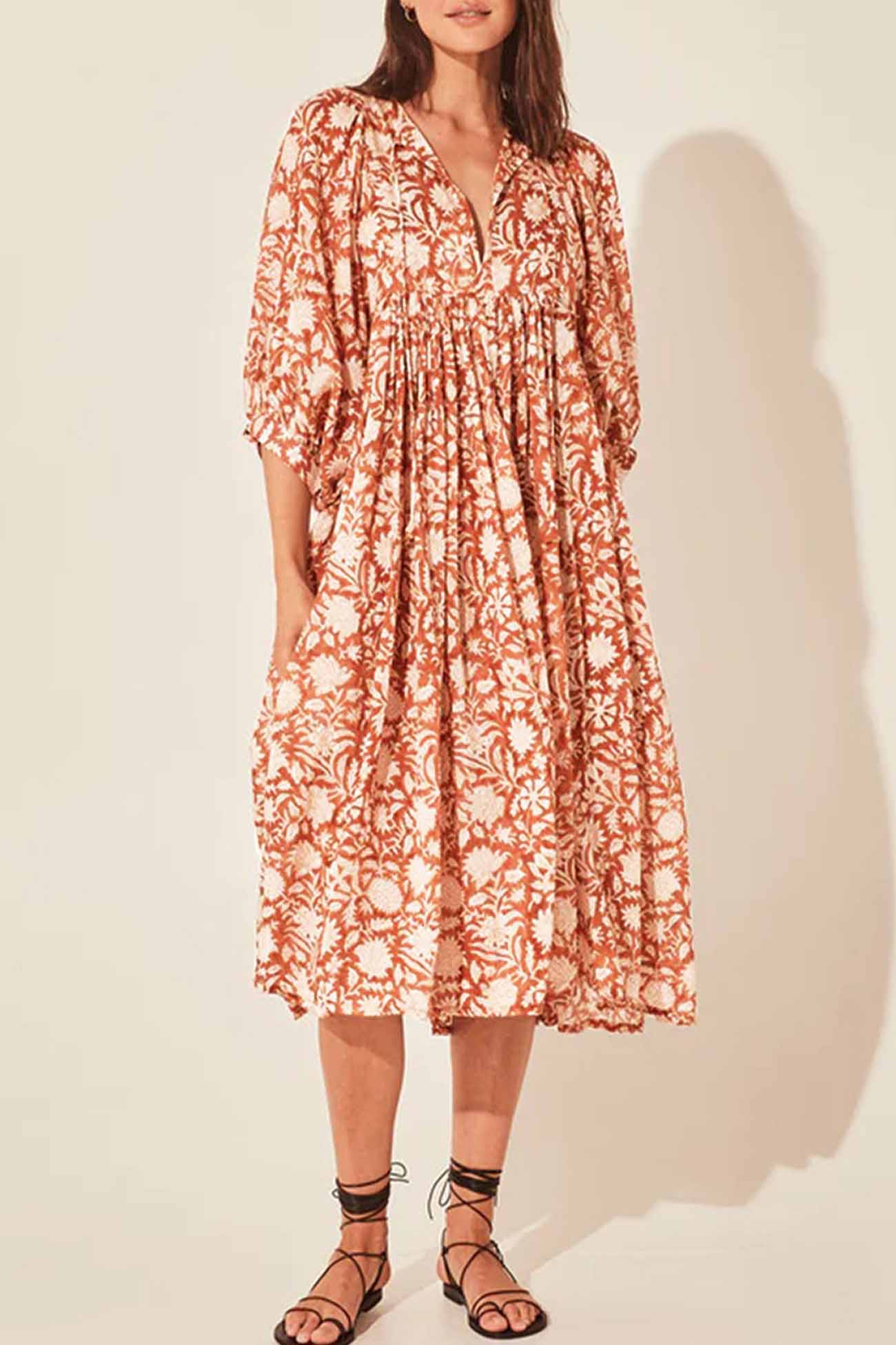 Floral Printed Lantern Sleeve V Neck Midi Dress
