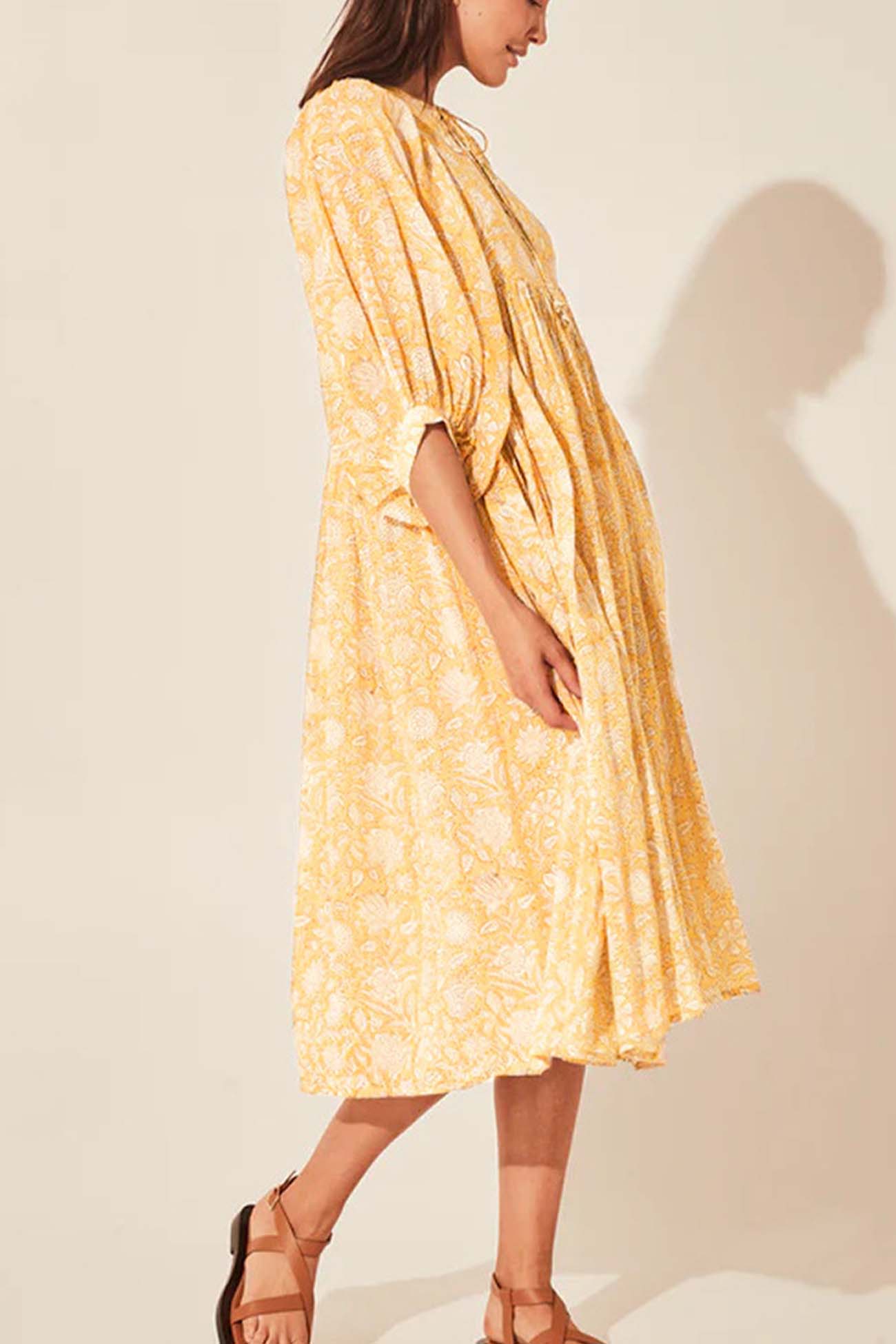 Floral Printed Lantern Sleeve V Neck Midi Dress