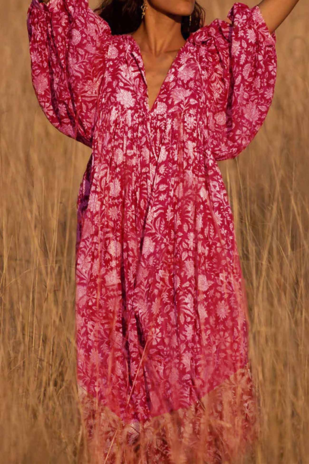 Floral Printed Lantern Sleeve V Neck Midi Dress