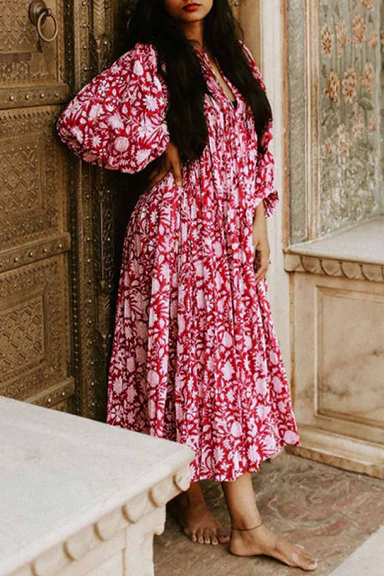 Floral Printed Lantern Sleeve V Neck Midi Dress