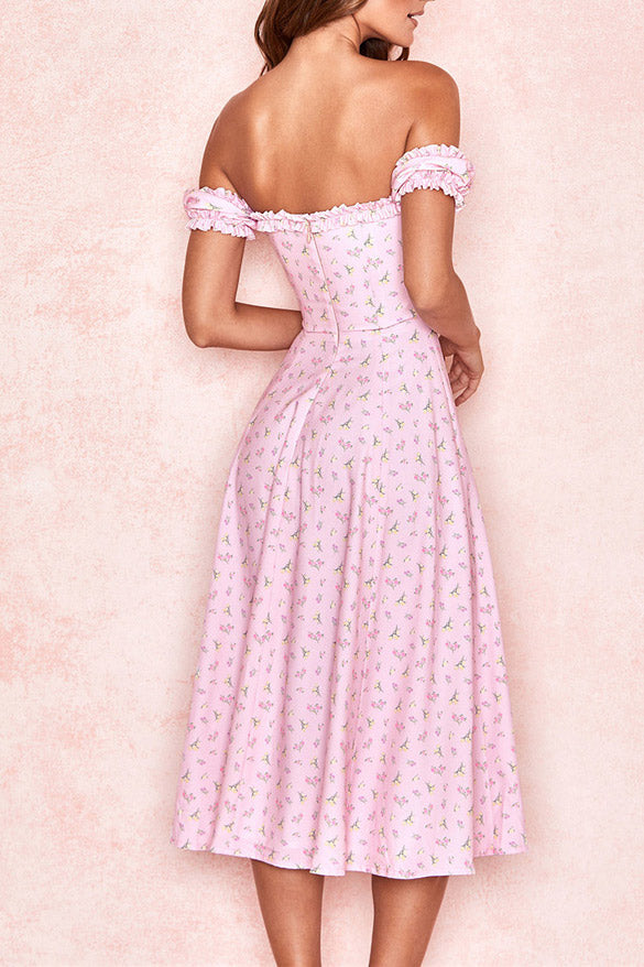 Floral Print Off-Shoulder Ruffle High-Slit Midi Dress