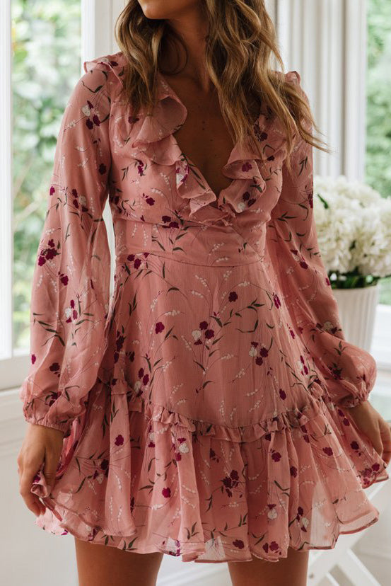 Floral Ruffles Crisscross Lace-up Chiffon Dress - Mislish