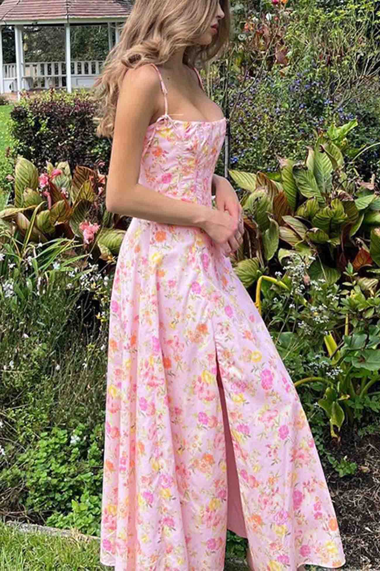 Floral Shoulder Straps Corset A-Line Dress - Fashionpara