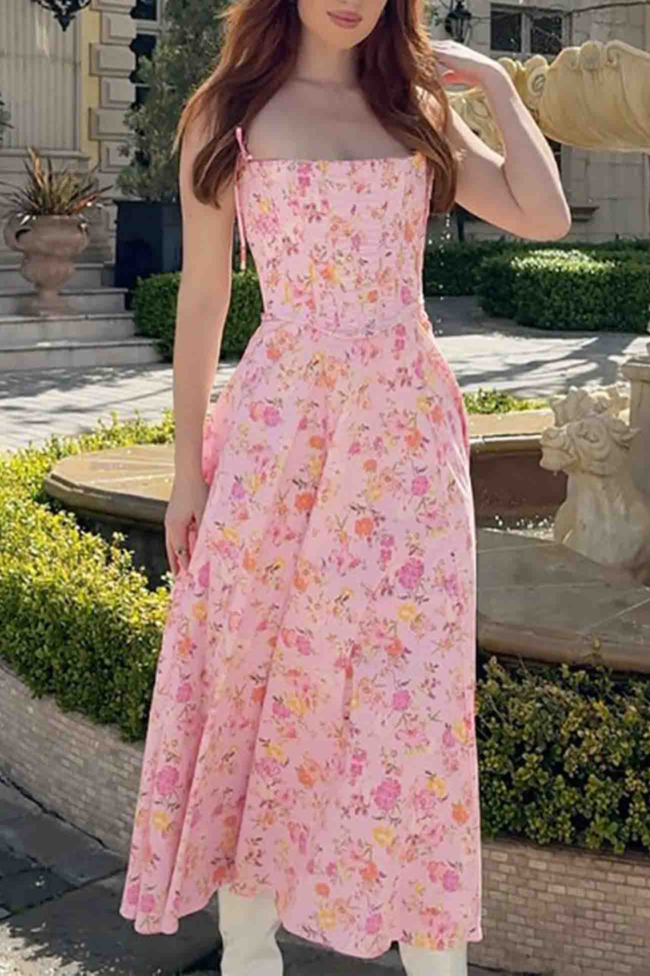 Floral Shoulder Straps Corset A-Line Dress - Fashionpara