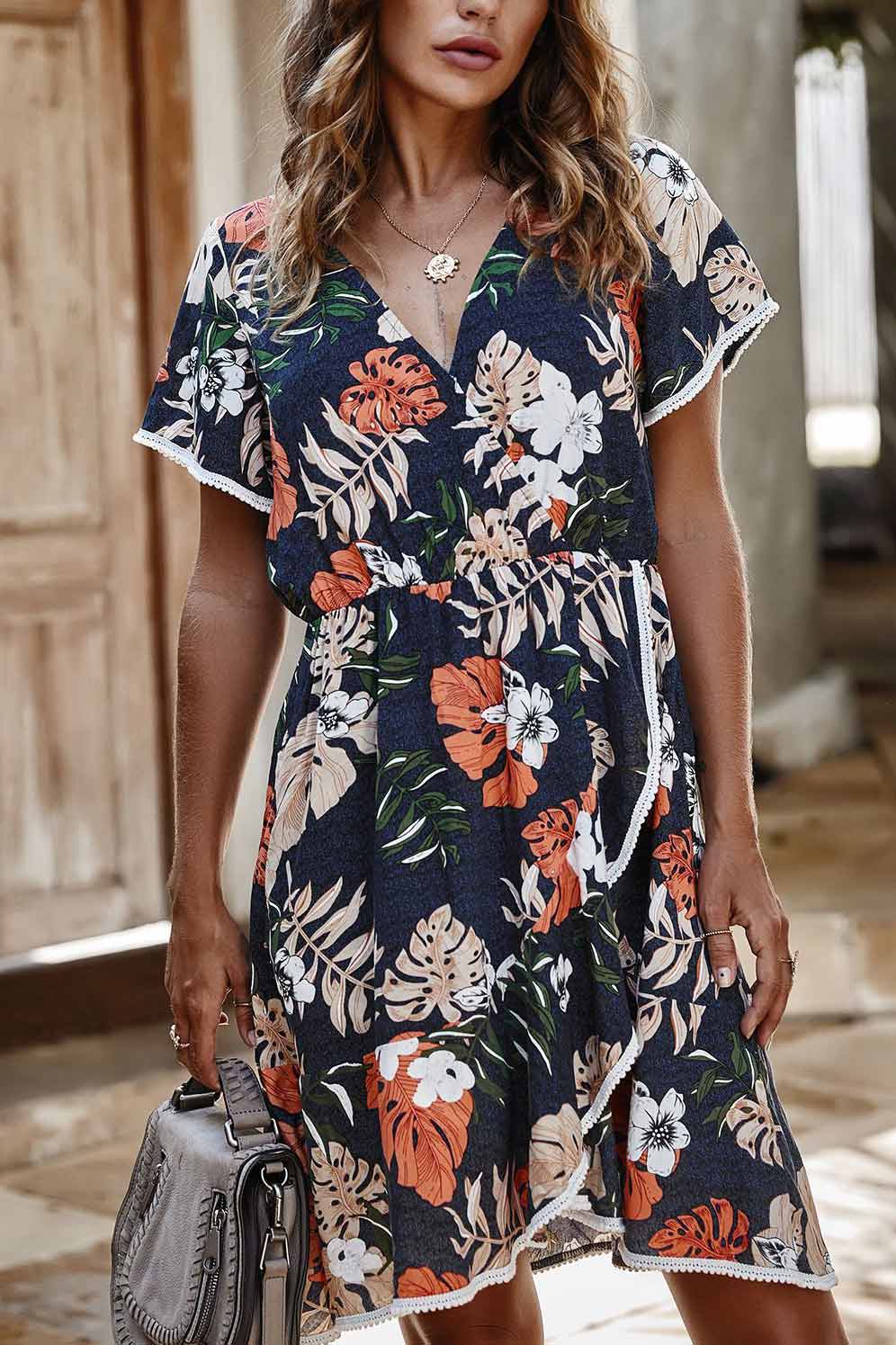Floral Print V-Neck Flutter Sleeve Lace Trim Wrap Mini Dress